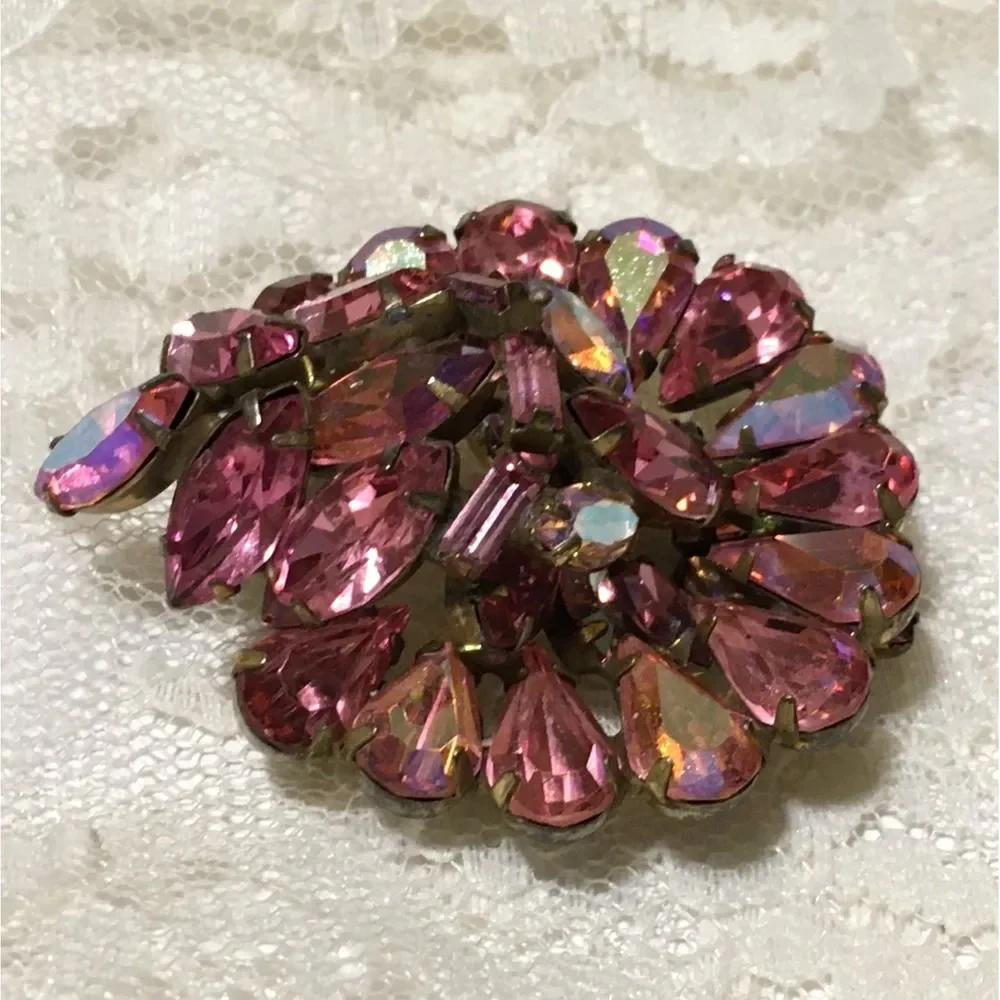 Vintage Pink Rhinestone Brooch Aurora Borealis Stones